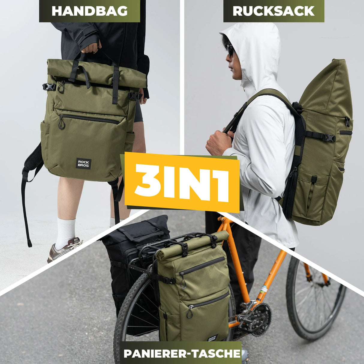 3‑in‑1 Fahrradtasche für Gepäckträger – 11‑16 L Volumen