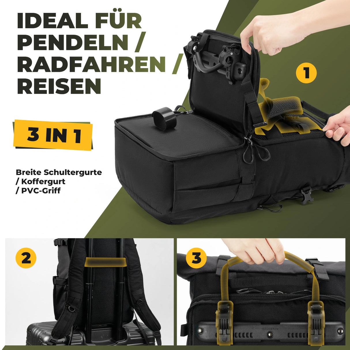 3‑in‑1 Fahrradtasche für Gepäckträger – 11‑16 L Volumen