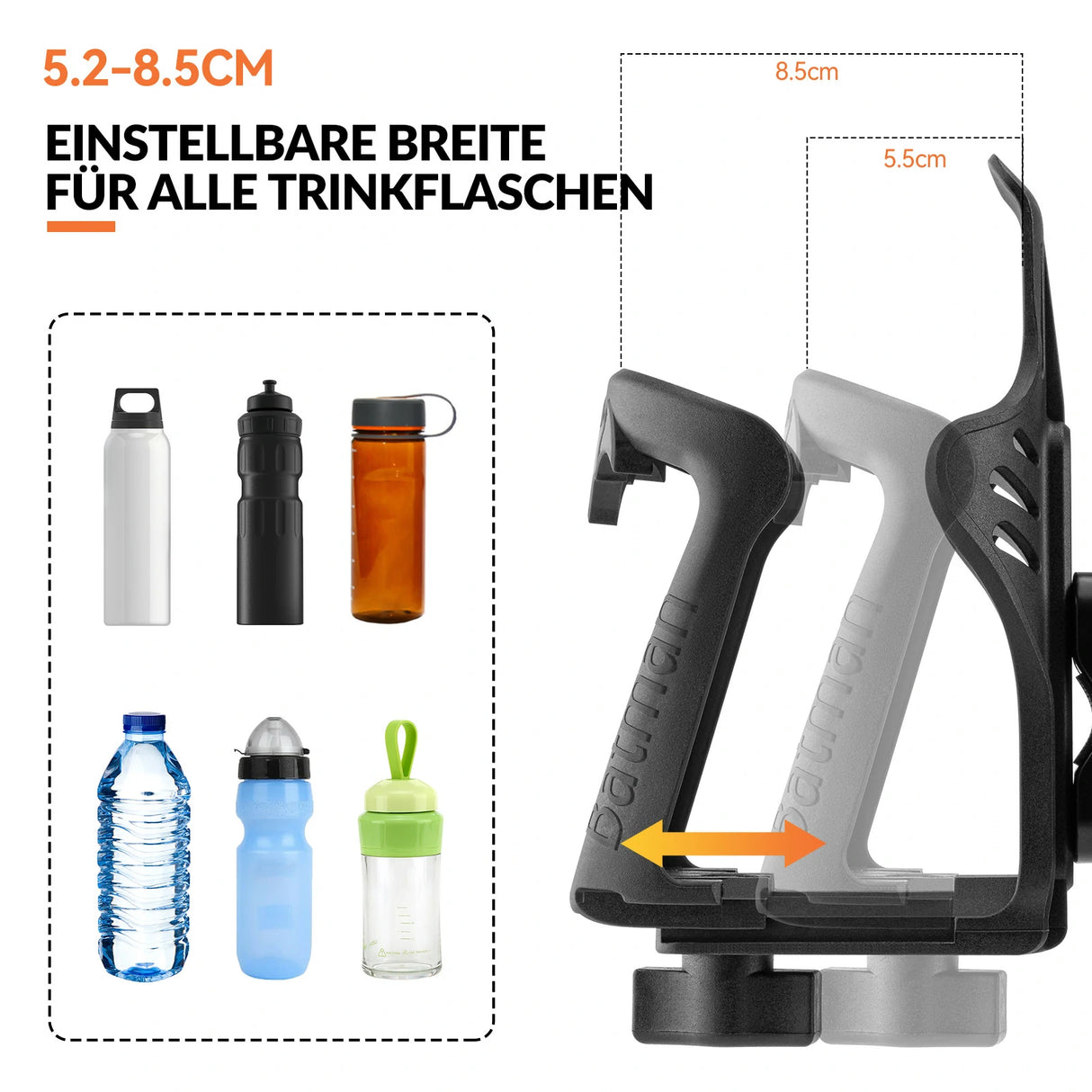 Flaschenhalter Fahrrad – Verstellbar für Flaschen 55–85 mm