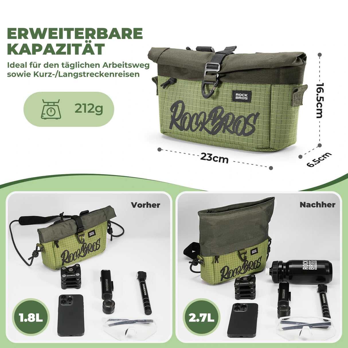 Lenkertasche für Flatbar & Brompton – 1,8-2,7 L (komprimierbar)