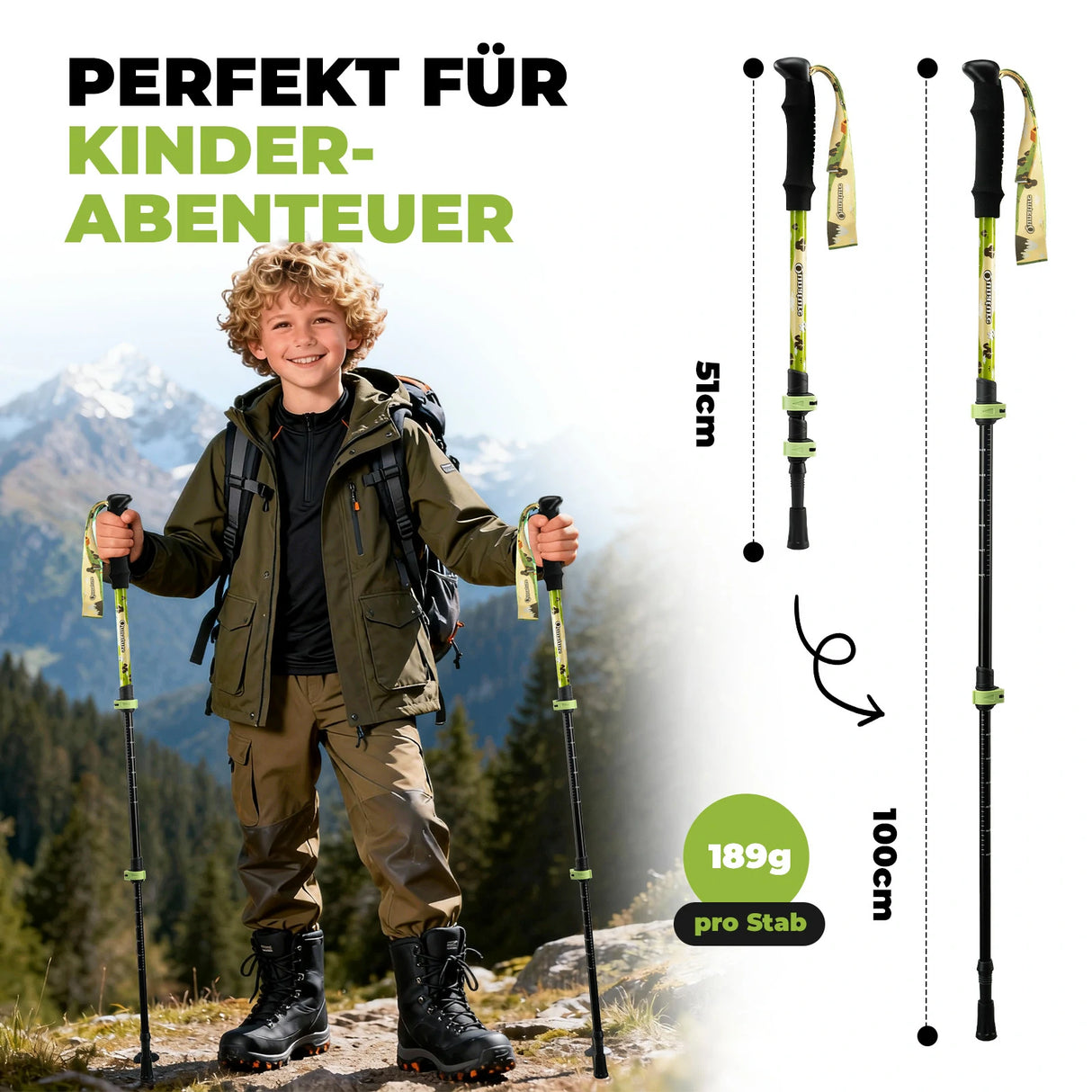 Qunature Kinder-Wanderstöcke – 51–100 cm verstellbar, Aluminium, 1 Stück