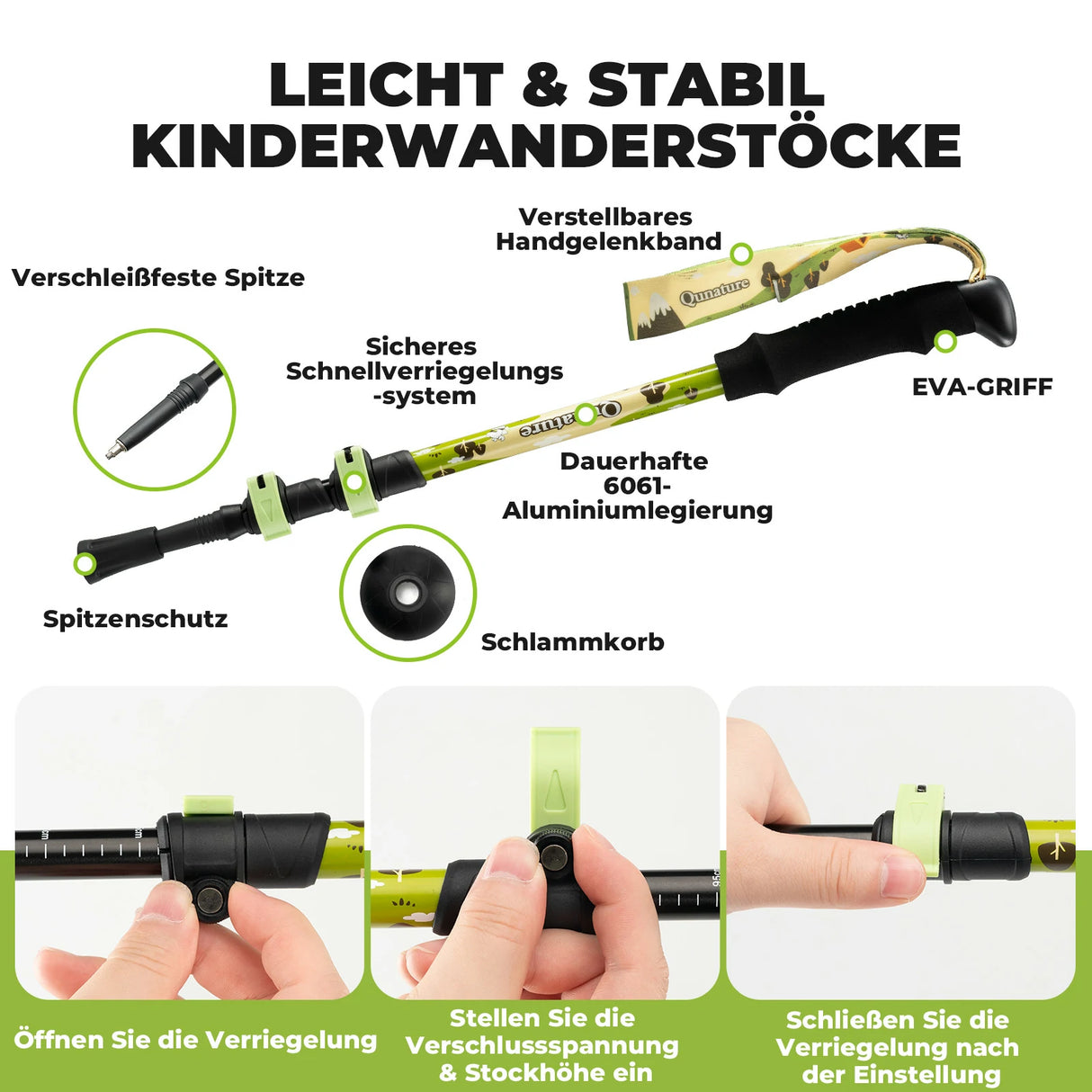 Qunature Kinder-Wanderstöcke – 51–100 cm verstellbar, Aluminium, 1 Stück