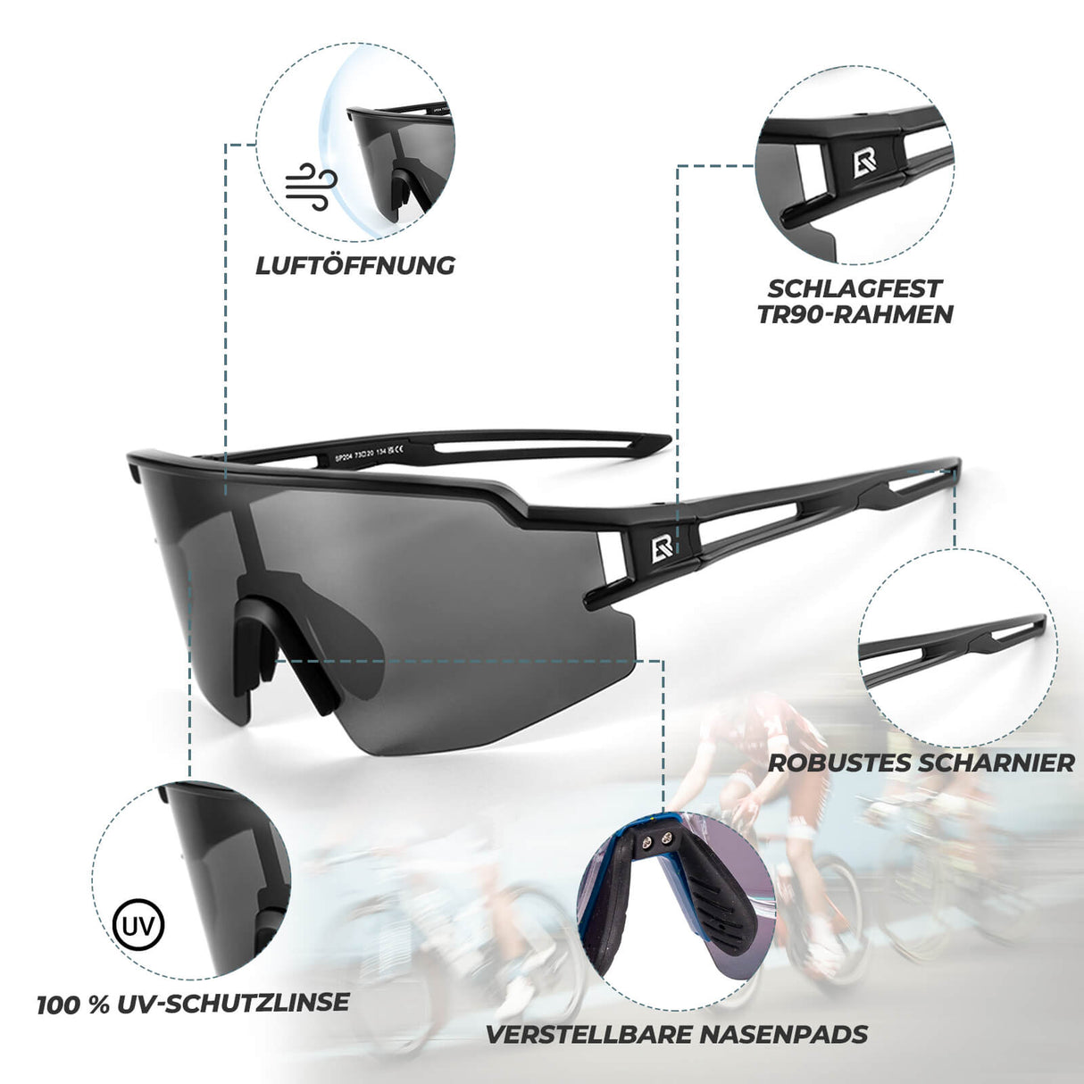 ROCKBROS Fahrradbrille Polarisiert Sportbrille winddichte Sonnenbrille UV 400-Schwarz