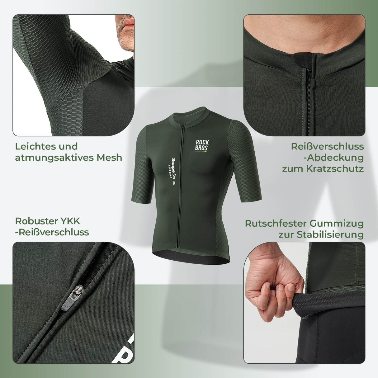 ROCKBROS Herren Kurzarm Radtrikot Jersey für MTB & Rennrad Grün