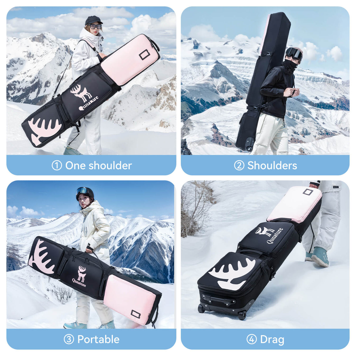 Qunature Ski‑ & Snowboard‑Reisetasche mit Rollen – Für 140–162 cm Länge