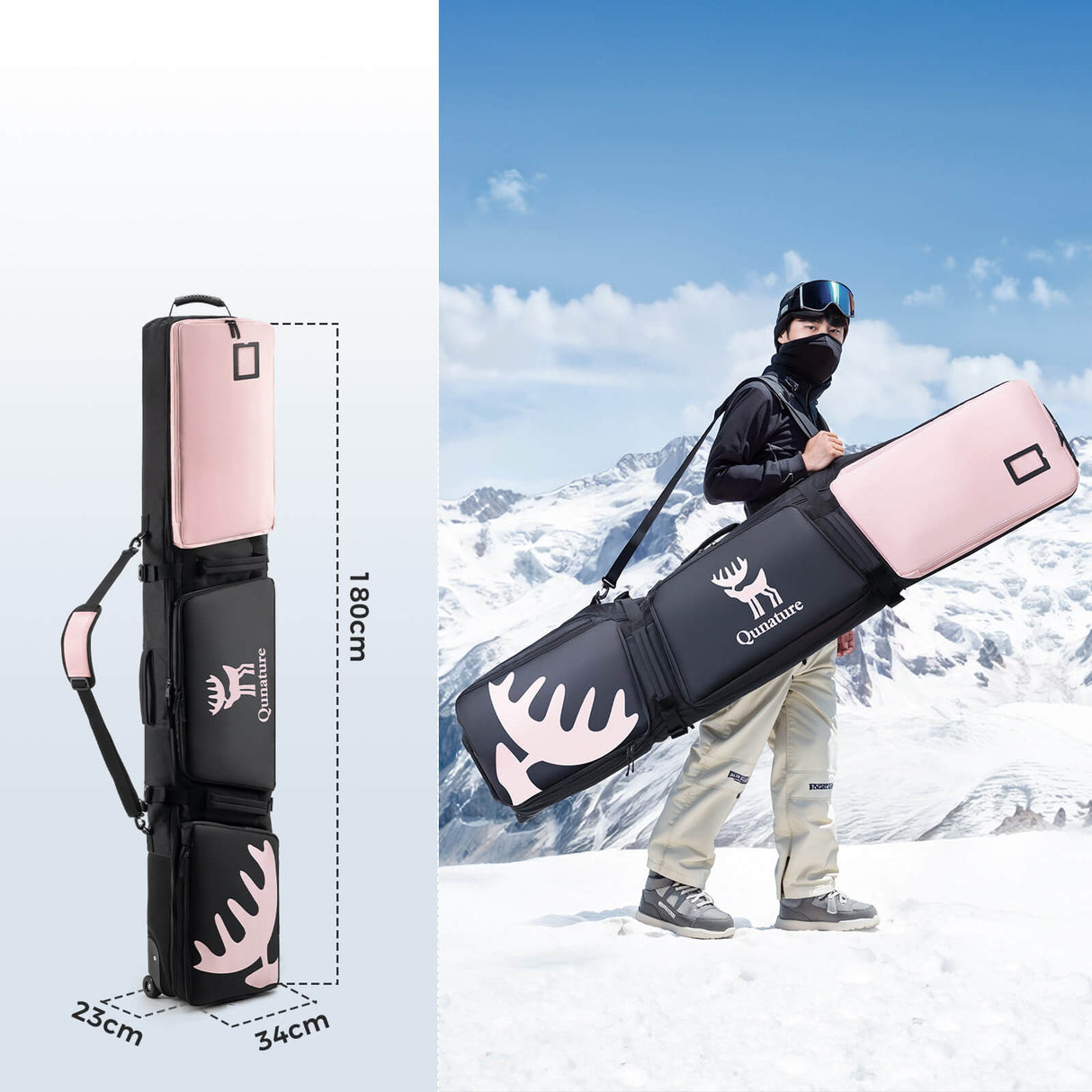 Qunature Ski‑ & Snowboard‑Reisetasche mit Rollen – Für 140–162 cm Länge