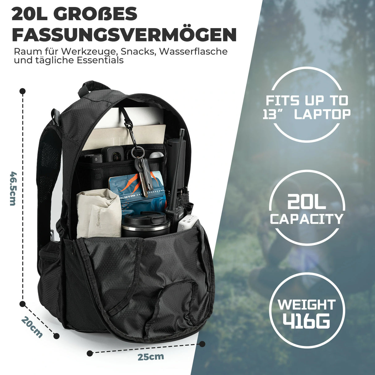 ROCKBROS Wanderrucksack 20 L – Ultraleicht, faltbar, mit Rückenbelüftung