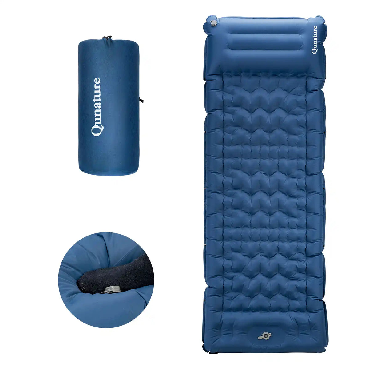 blaue aufblasbare schlafmatte mit nahansicht des ventil