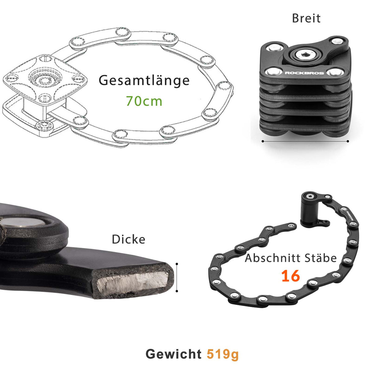 ROCKBROS Fahrradschloss Faltschloss mit Halterung 70 cm Lang Schwarz - ROCKBROS-EU