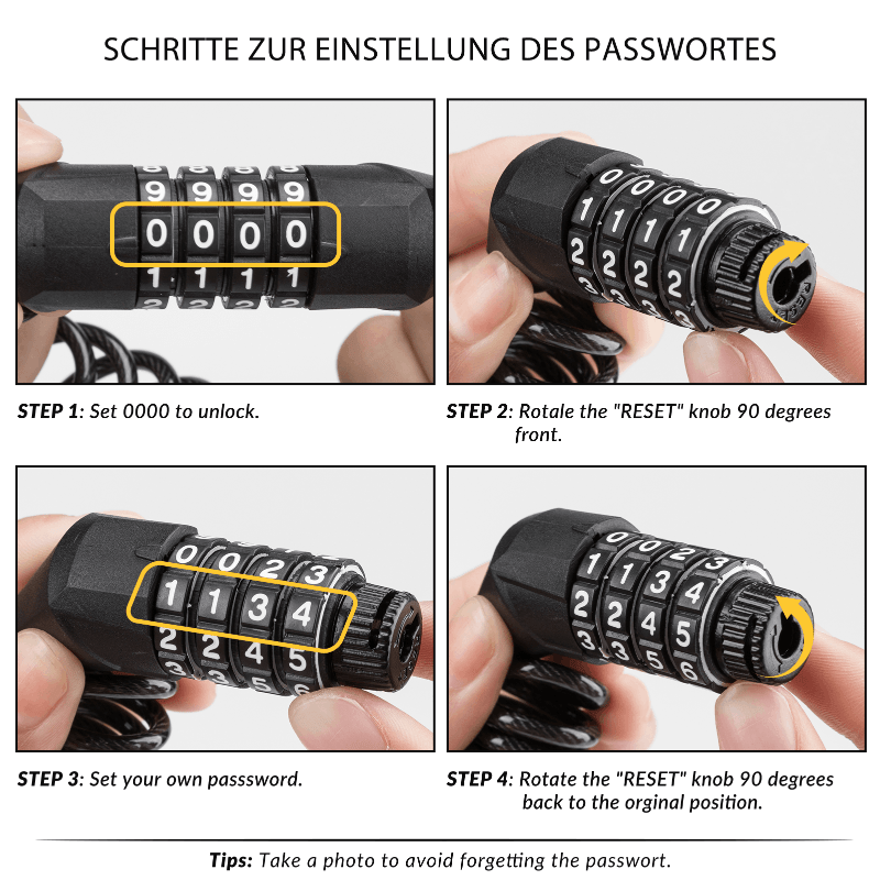 ROCKBROS Fahrradschloss Zahlenschloss Helmschloss mit 4-stellig Code max. 150 cm - ROCKBROS-EU