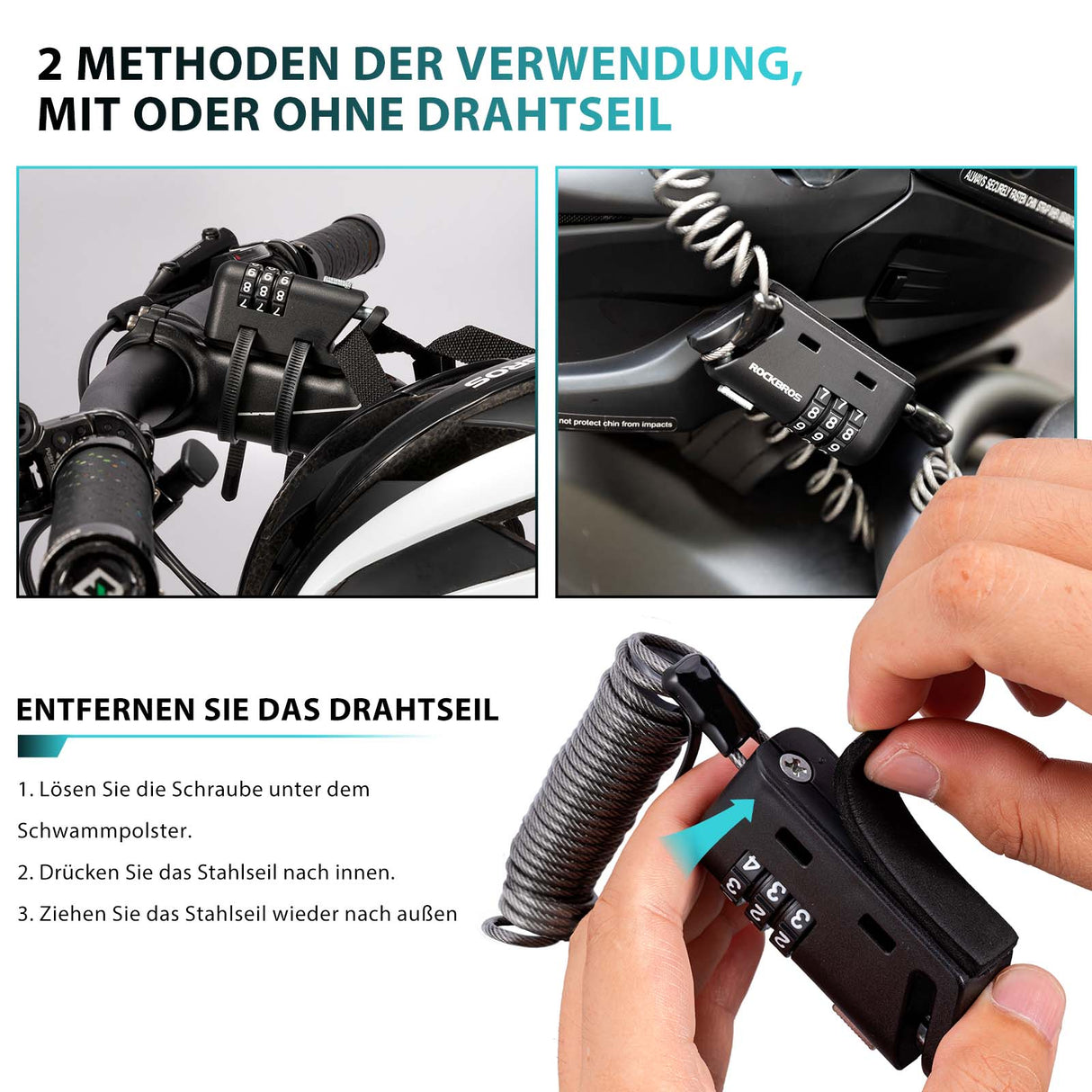 ROCKBROS Helm schloss 150 cm Zahlenschloss 3-stellig Zahlencode - ROCKBROS-EU
