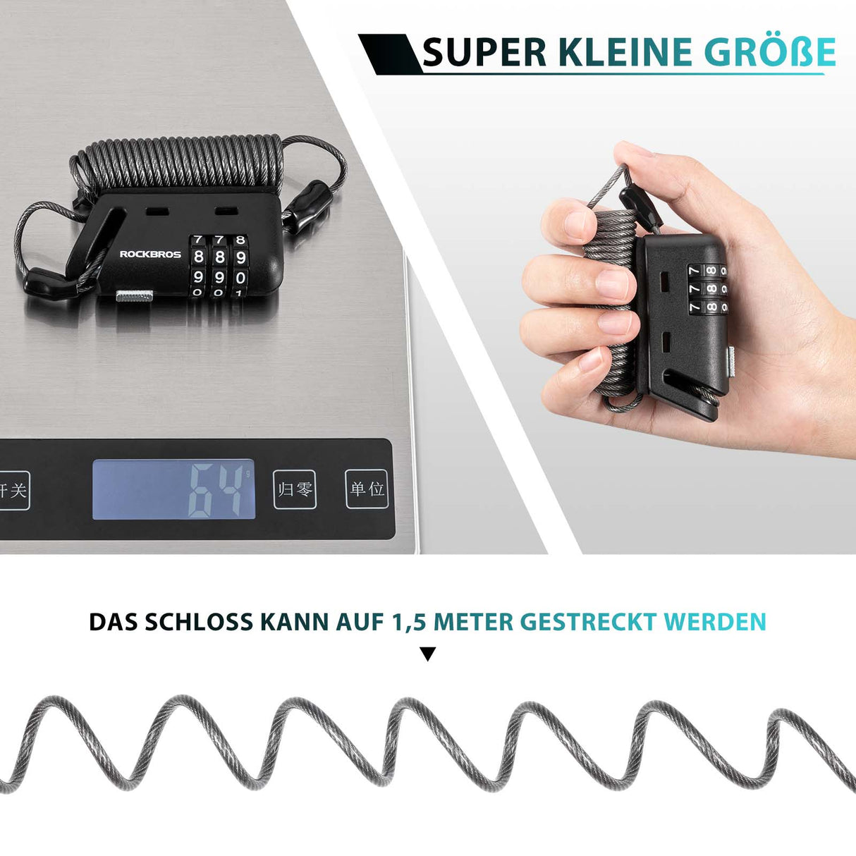 ROCKBROS Helm schloss 150 cm Zahlenschloss 3-stellig Zahlencode - ROCKBROS-EU
