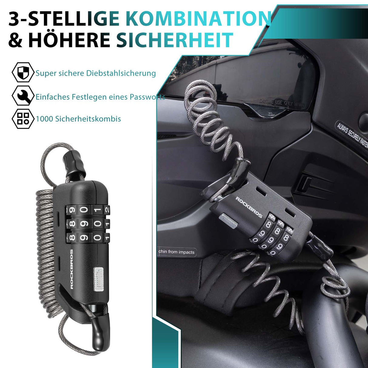 ROCKBROS Helm schloss 150 cm Zahlenschloss 3-stellig Zahlencode - ROCKBROS-EU