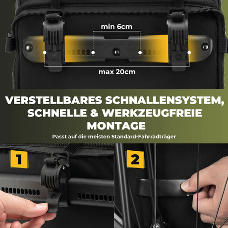 3‑in‑1 Fahrradtasche für Gepäckträger – 11‑16 L Volumen