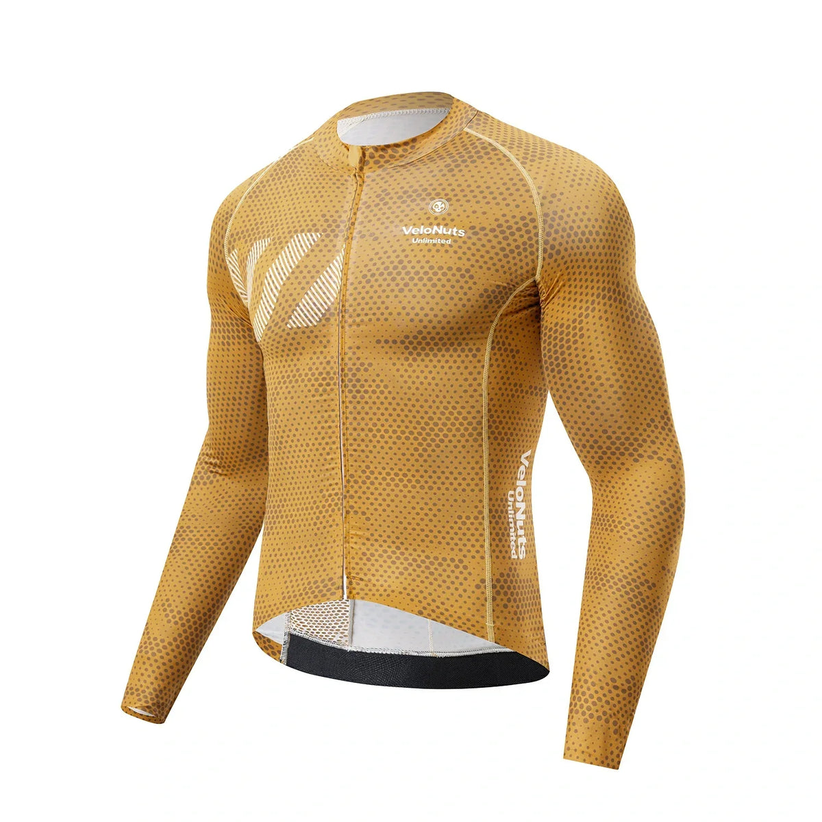 Gelbes Radtrikot mit Markenlogo auf weißem Hintergrund