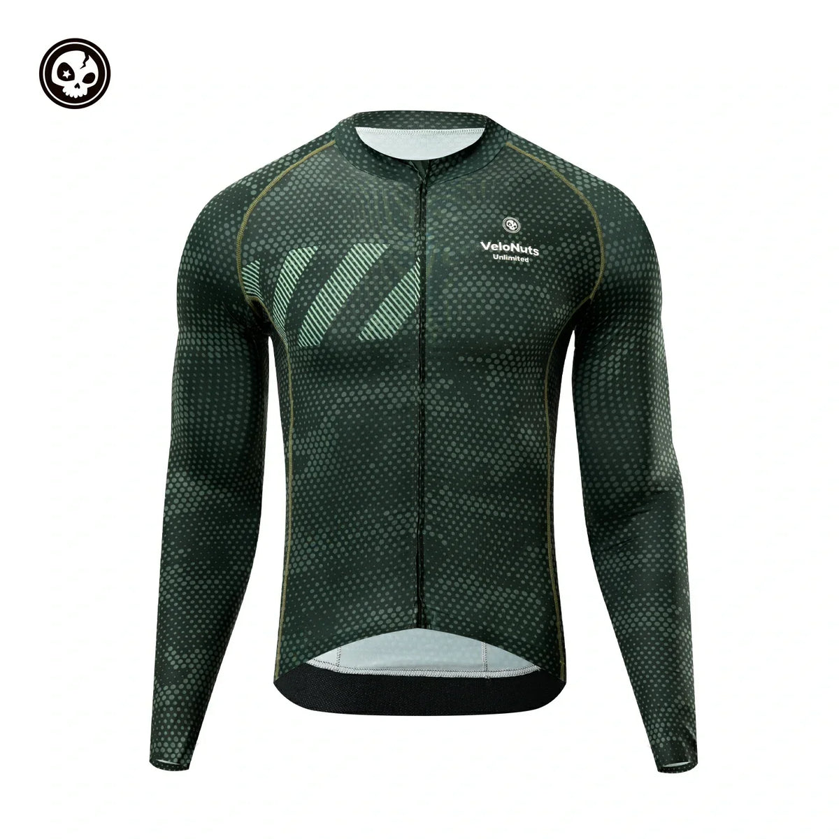 Grünes Radtrikot mit Markenlogo auf weißem Hintergrund