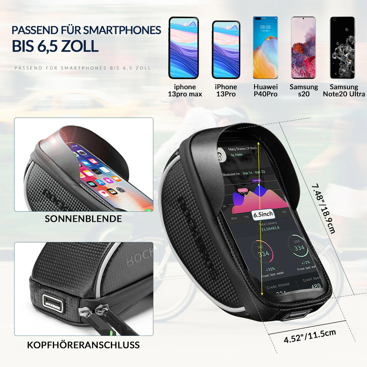 Fahrrad‑Lenkertasche – Wasserdichte Smartphone‑Halterung für bis 6,5 Zoll