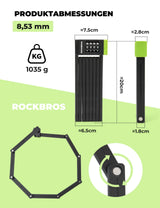 ROCKBROS Faltschloss Fahrrad Diebstahlsicherung – 8 mm extradicker Stahl, 120 cm Länge