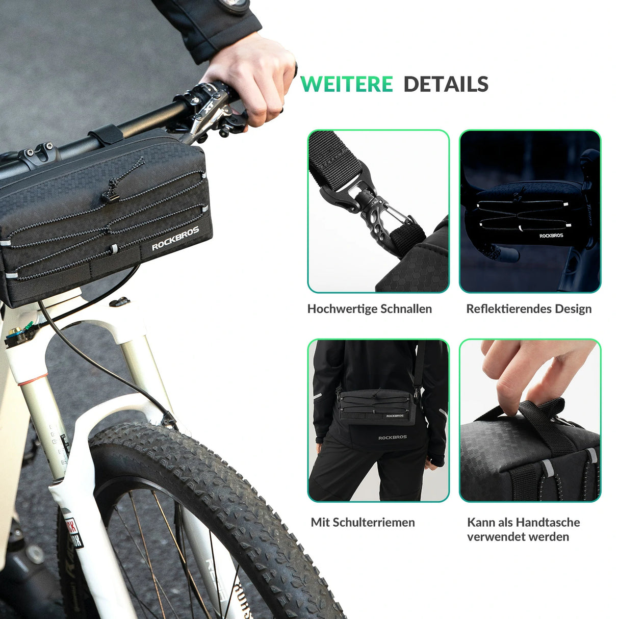 Lenkertasche Fahrrad – Große Kapazität 2 L mit abnehmbarem Schultergurt