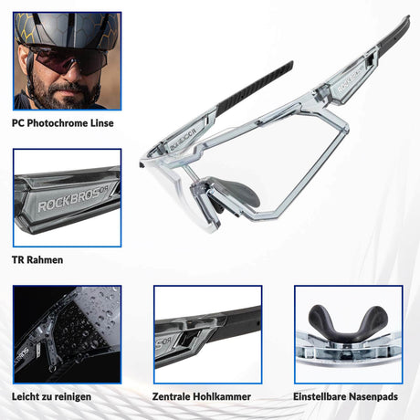 ROCKBROS Sonnenbrille Fahrradbrille Selbsttönend Outdoor UV400 Schutz-Transparentschwarz