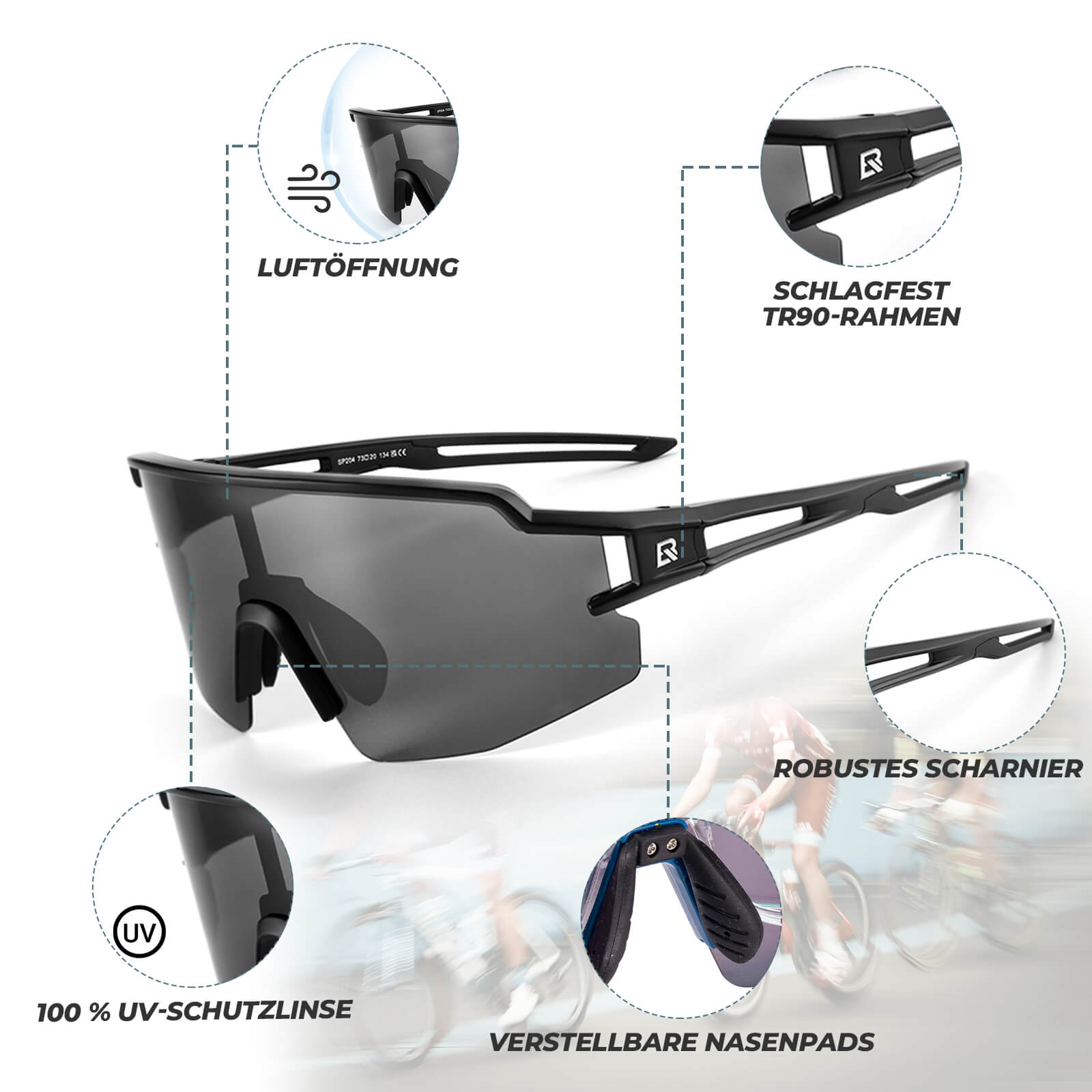 ROCKBROS Fahrradbrille Polarisiert Sportbrille winddichte Sonnenbrille UV 400-Schwarz
