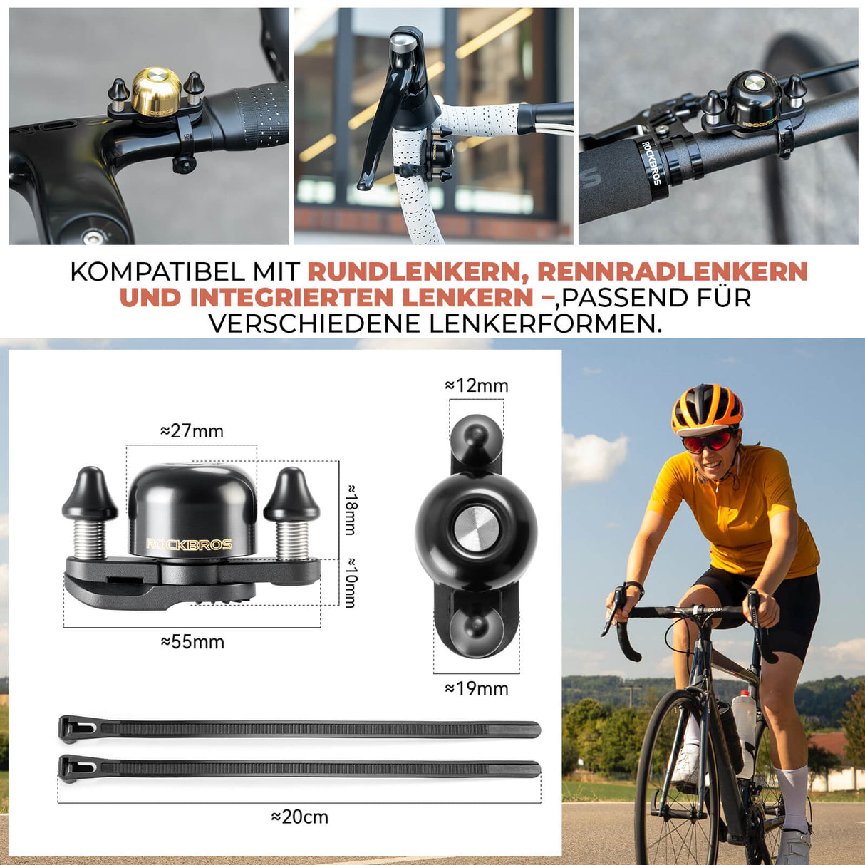ROCKBROS Fahrradklingel mit Doppel-Klopfer 180° drehbar für Rennräder MTB Falträder