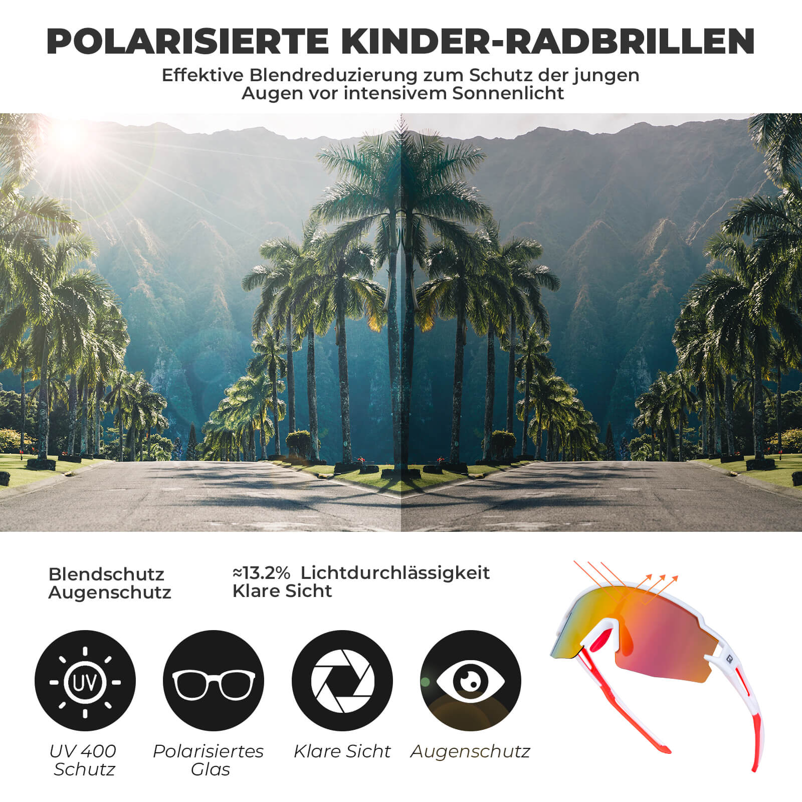 ROCKBROS Kinder Fahrradbrille Sonnenbrille Polarisiert UV400 für Jungen-Rosa-Weiß