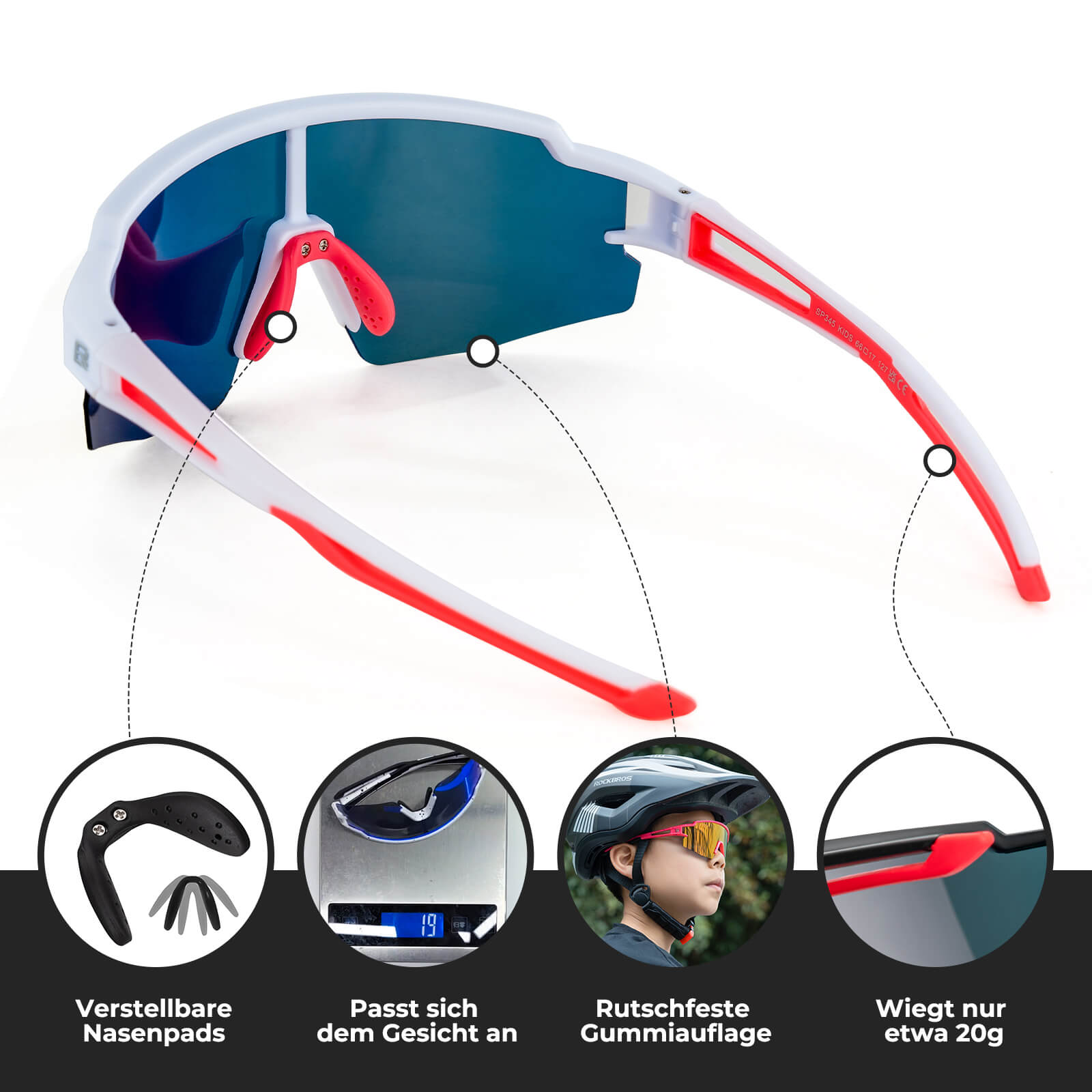 ROCKBROS Kinder Fahrradbrille Sonnenbrille Polarisiert UV400 für Jungen-Rosa-Weiß