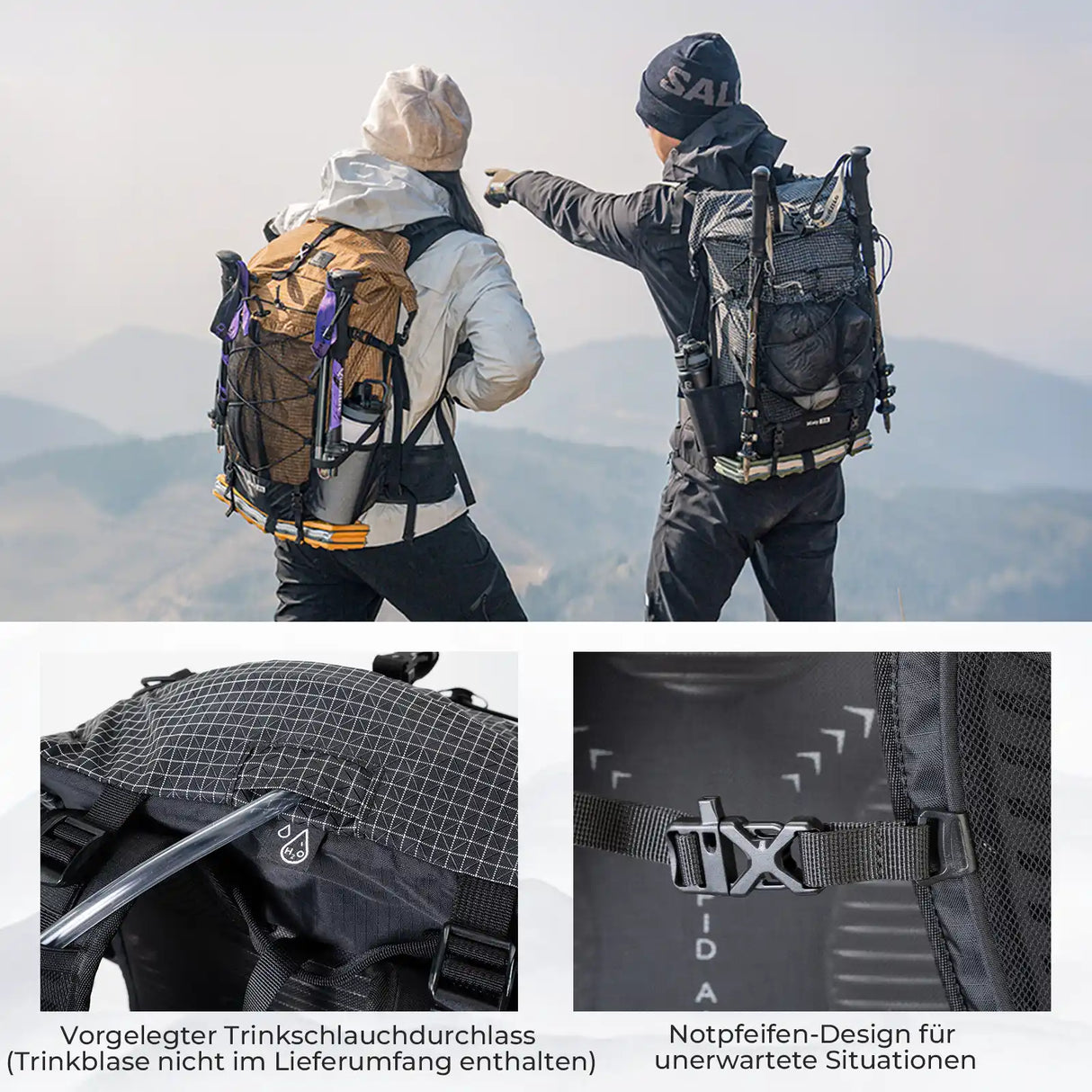 qunature misty 30l hiking backpack with hydration tube opening and emergency whistle