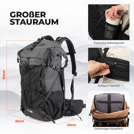 qunature misty 30l backpack with stretch side pockets, hip belt pockets and spacious main compartment
