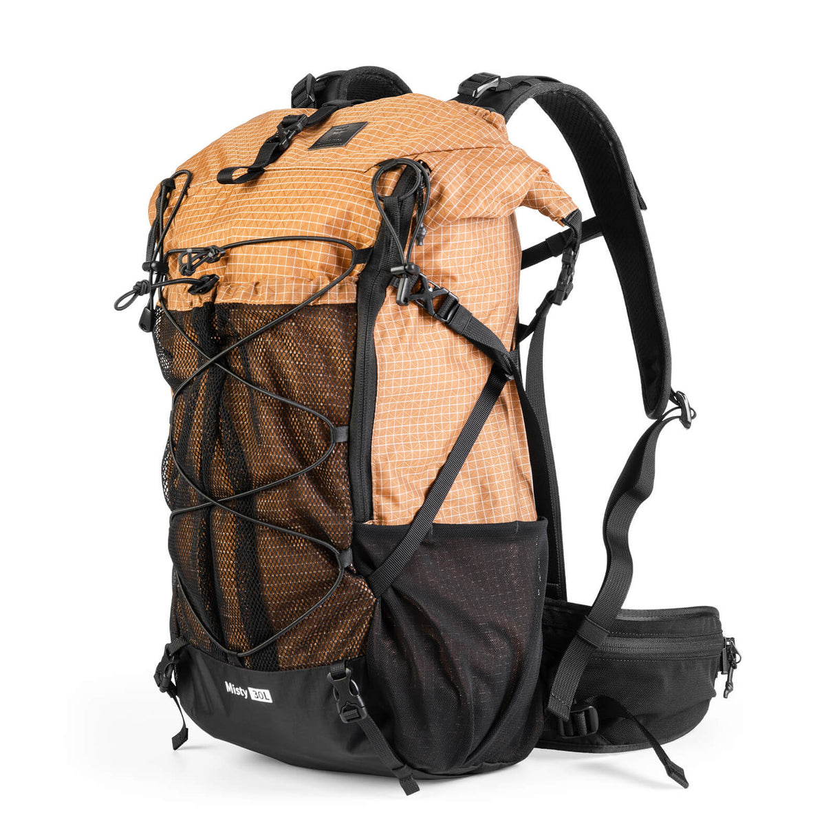 qunature misty 30l hiking backpack in orange, side view with shoulder straps and hip belt