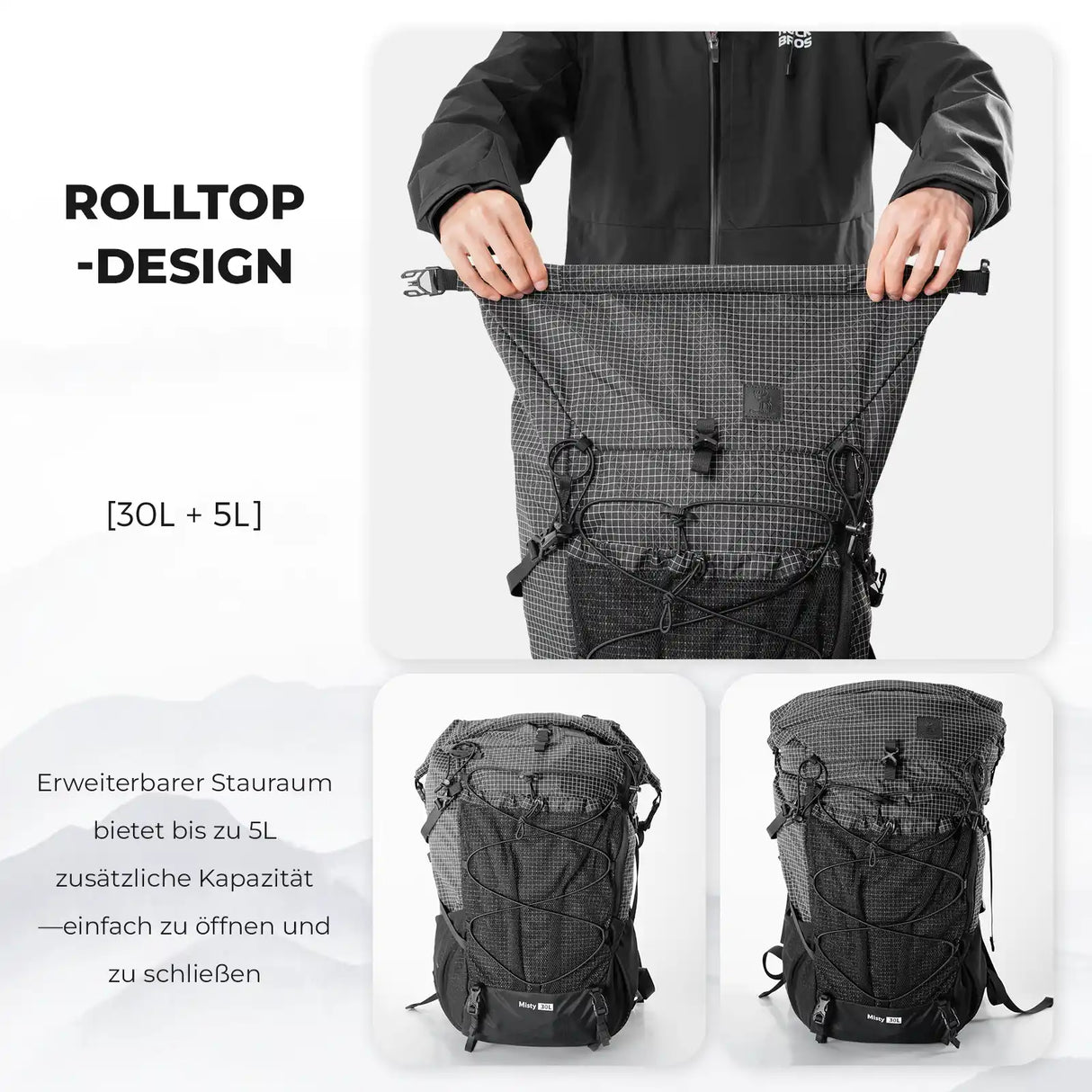 qunature misty 30l backpack with roll top design, expandable to 35l