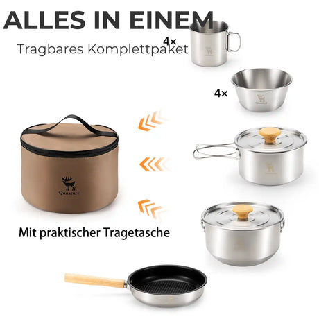 tragbares camping kochset alles in einem mit toepfen, schalen, bechern und tasche