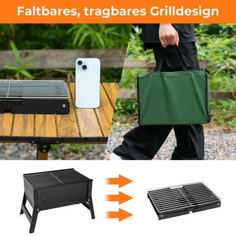 faltbares tragbares grilldesign mit tragetasche und größenvergleich