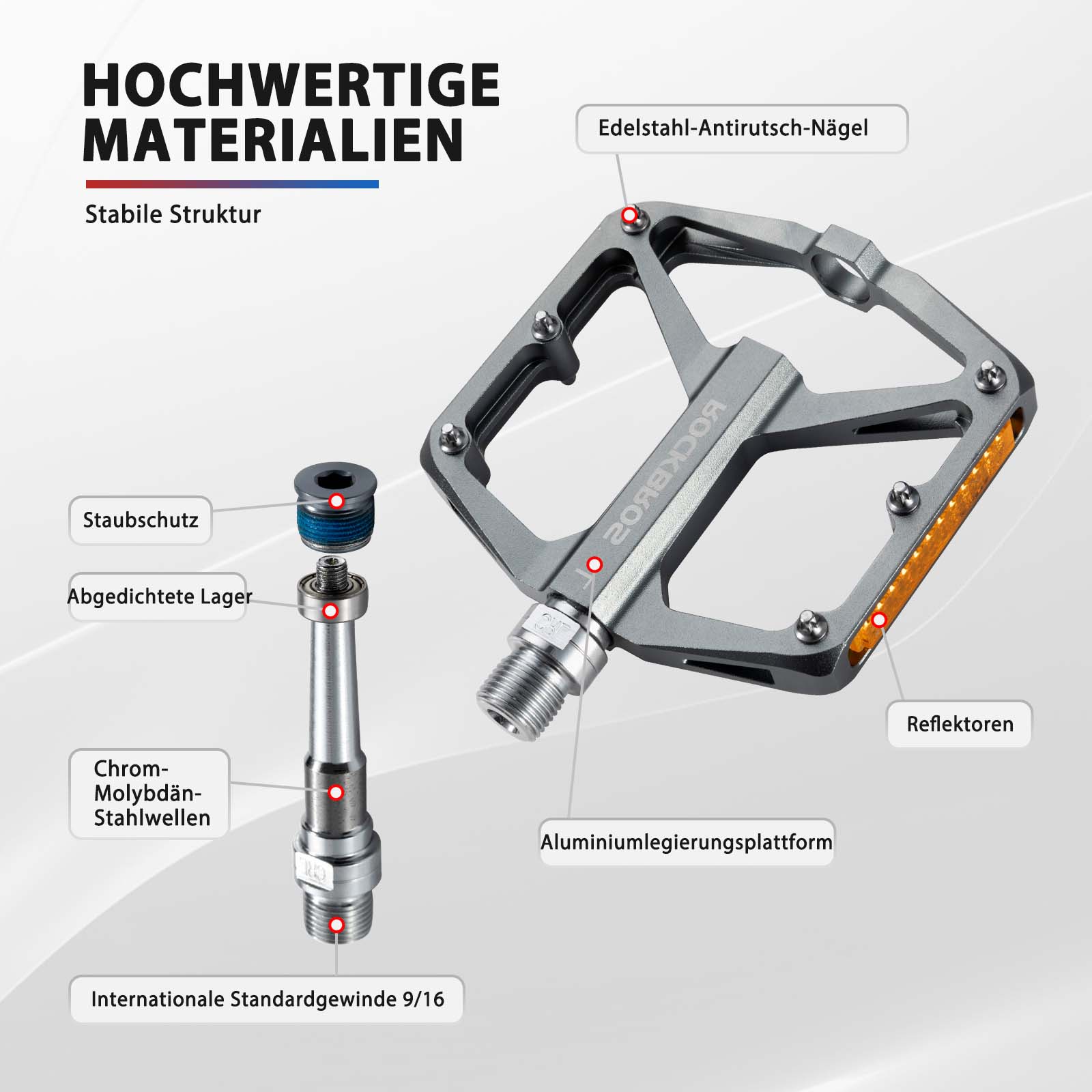 ROCKBROS Fahrradpedale mit Reflektoren aus Aluminiumlegierung 9/16 Zoll - ROCKBROS-EU