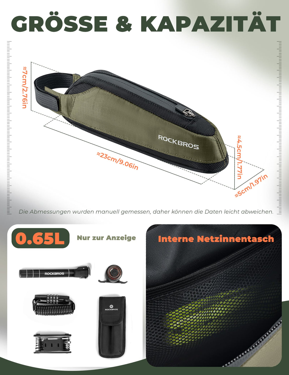 ROCKBROS Fahrradtasche Reflektierende Oberrohrtasche Dunkelgrün 0.65L - ROCKBROS-EU