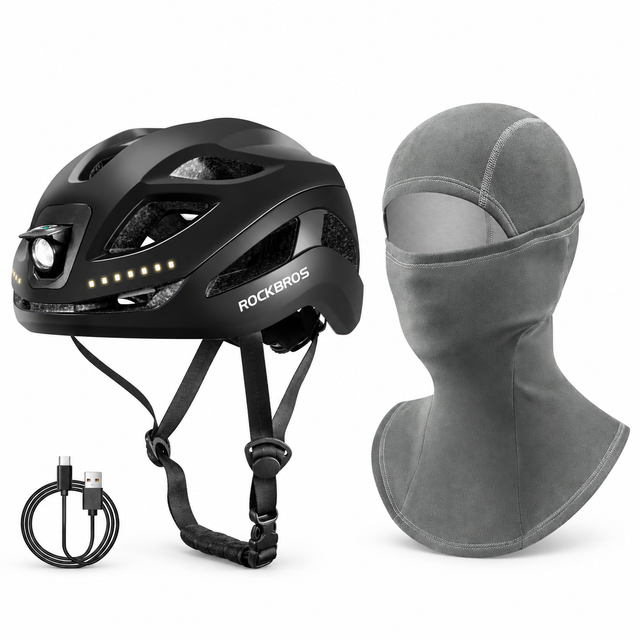 ROCKBROS Bundle: schwarzer Fahrradhelm mit Licht und dunkelgraue Fleece-Sturmhaube
