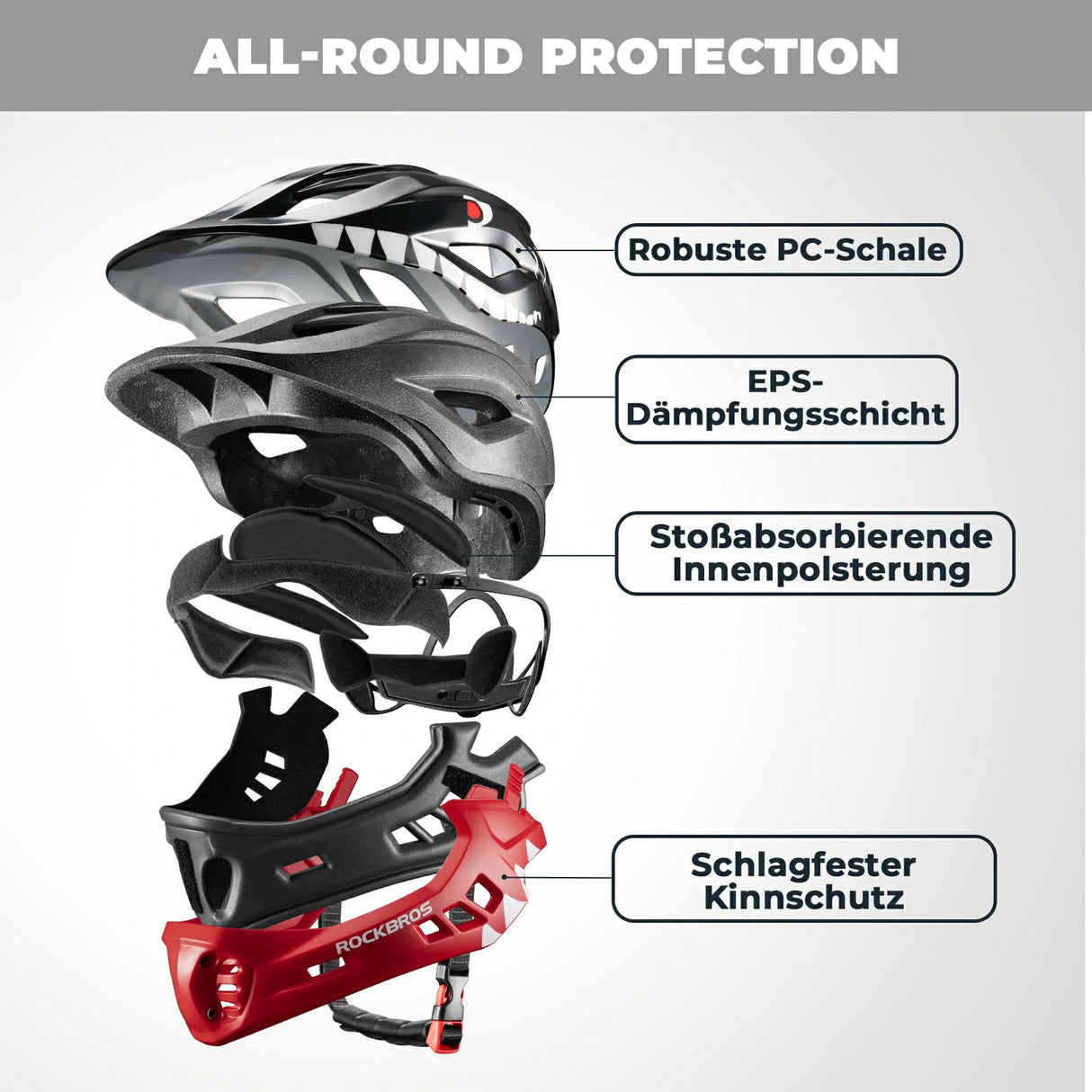 rockbros cartoon integral kinderhelm, 2-in-1 mit einem klick abnehmbarem kinnschutz