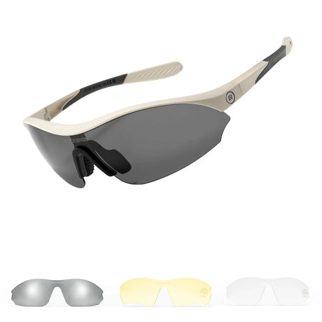 Sports Cycling Sunglasses with 3 Interchangeable#Color_Beige